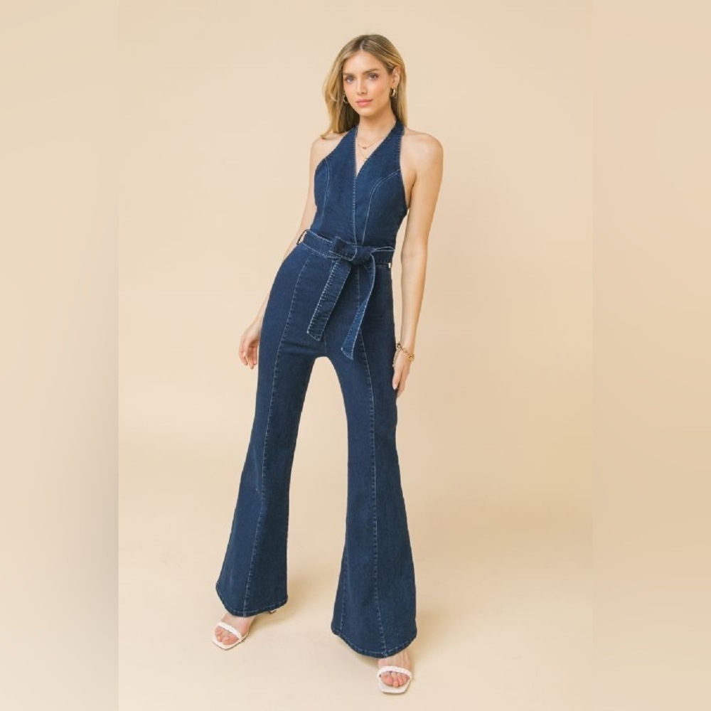 Jealous Tomato Halter Top Denim Jumpsuit with Flared Legs